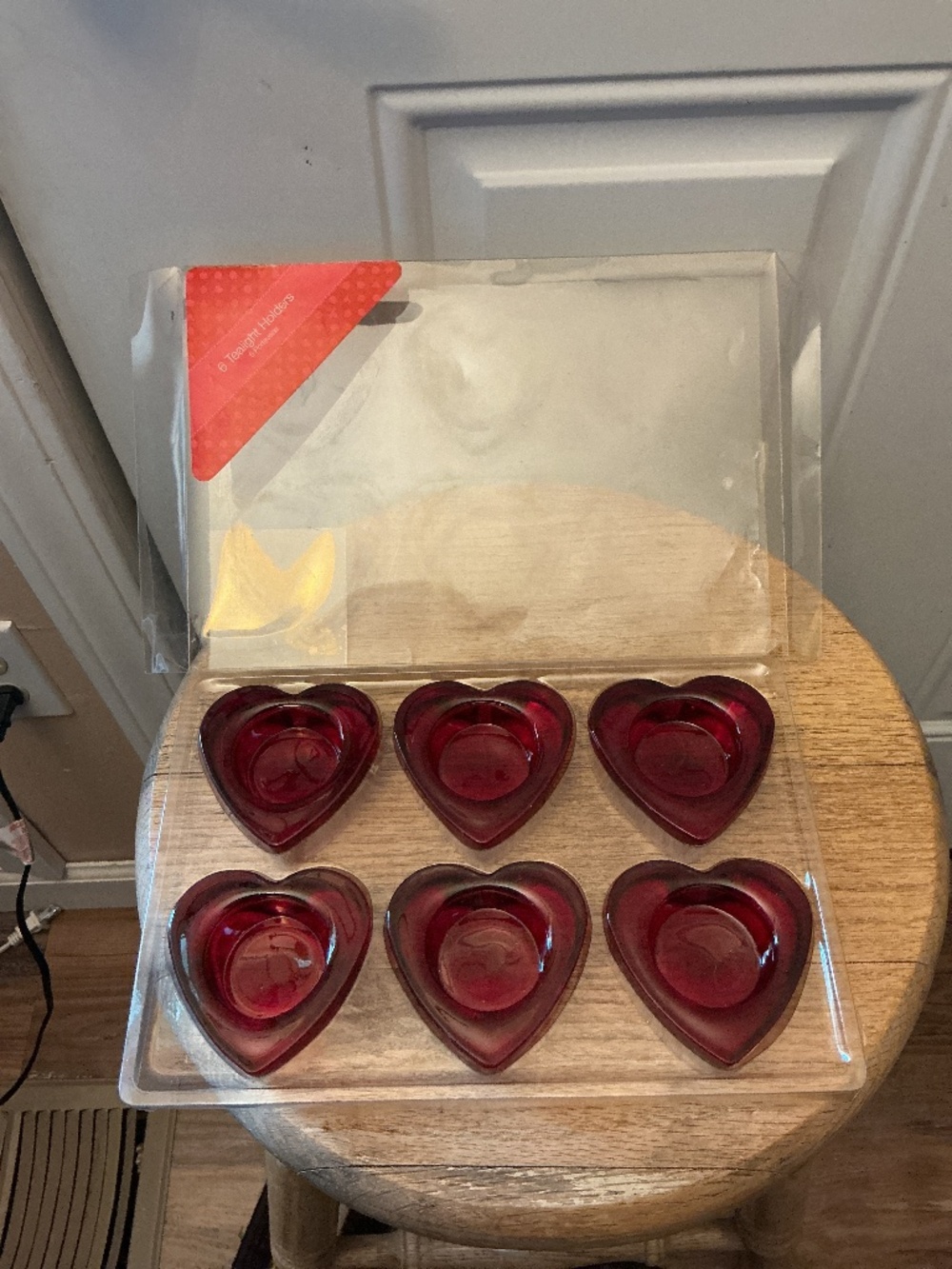 6- Red Glass Heart Tealight Holders